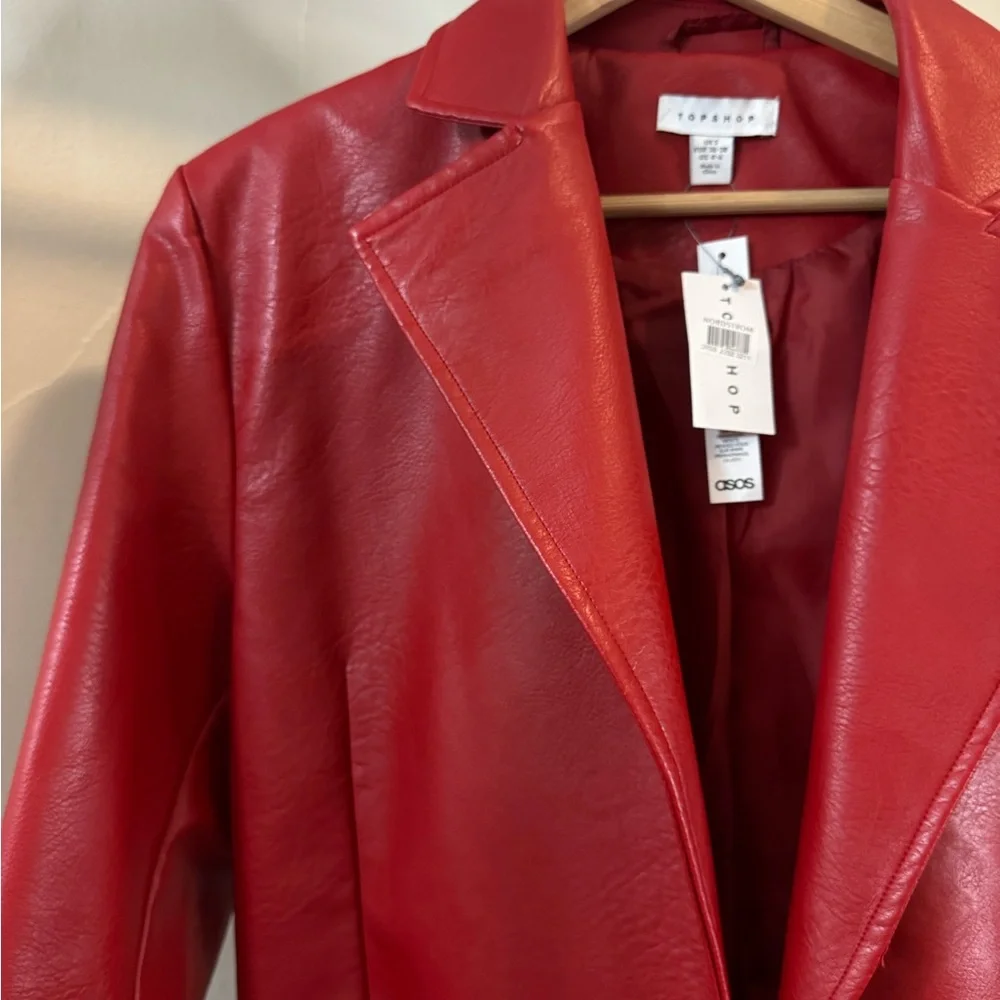 Topshop Faux Red Leather Trench Coat - Picture 2 of 3